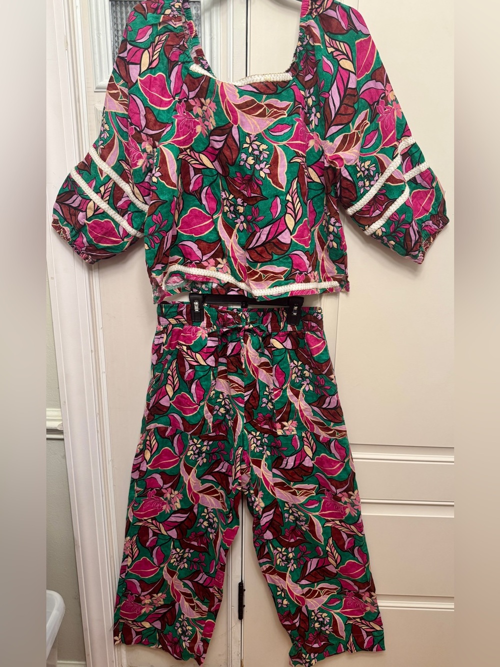Cynthia Rowley Pink 100% Linen Tropical Jungle Floral Pantsuit Large - Picture 2 of 4